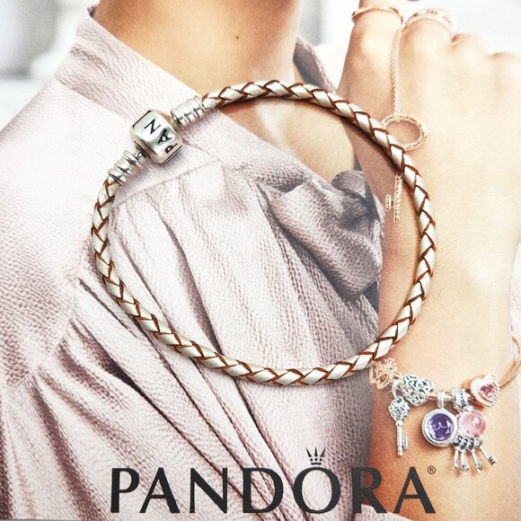 Pandora Moments Braided Brown & Tan Leather Strand 925 Silver Bracelet Authentic - Picture 1 of 3